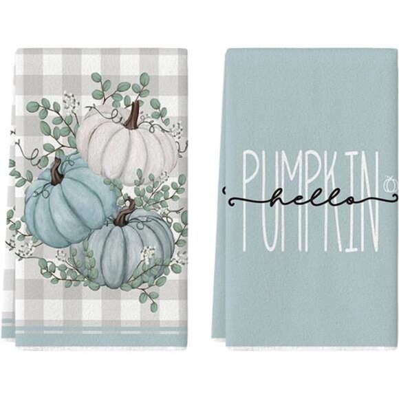 Hello Pumpkin Eucalyptus‎ Leaves Fall Kitchen Towels Dish Hand Towel Set of 2 - Picture 1 of 6